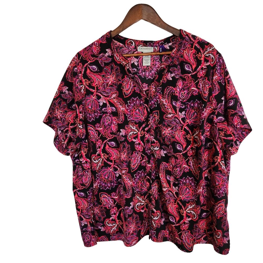 Catherine's Short Sleeve Paisley Button‎ Shirt Dark Floral Plus 2X Petite 22/24